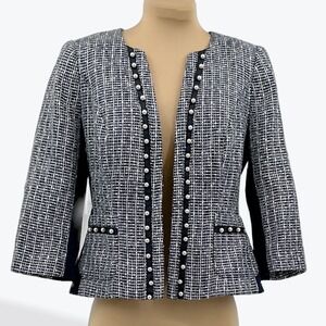 White House Navy Market Tweed‎ Pearl Embellished Blazer Jacket Size 0